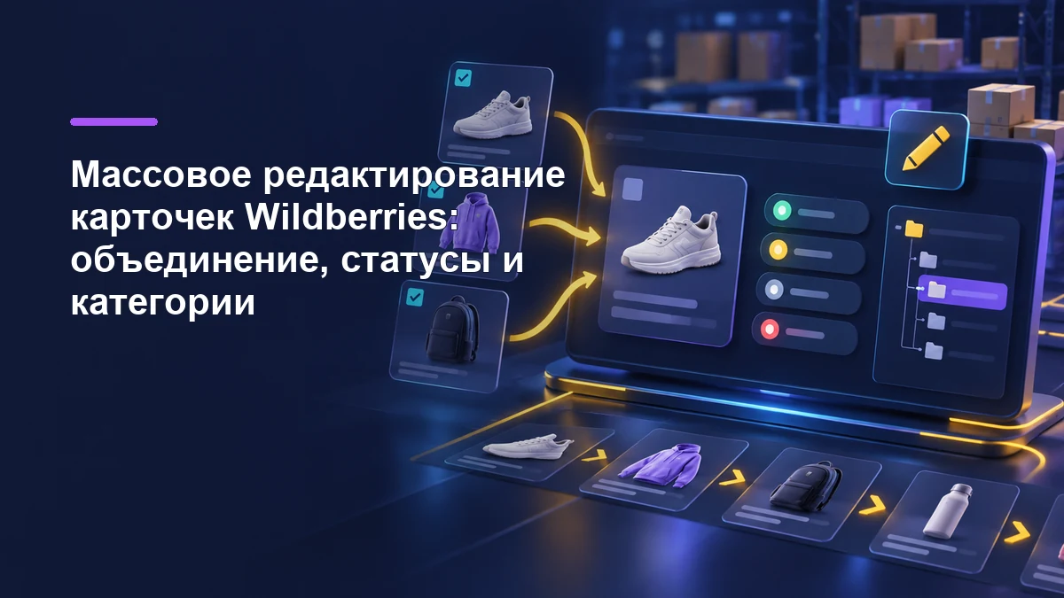 Массовое редактирование карточек Wildberries с объединением товаров, статусами и категориями на тёмно-синем фоне