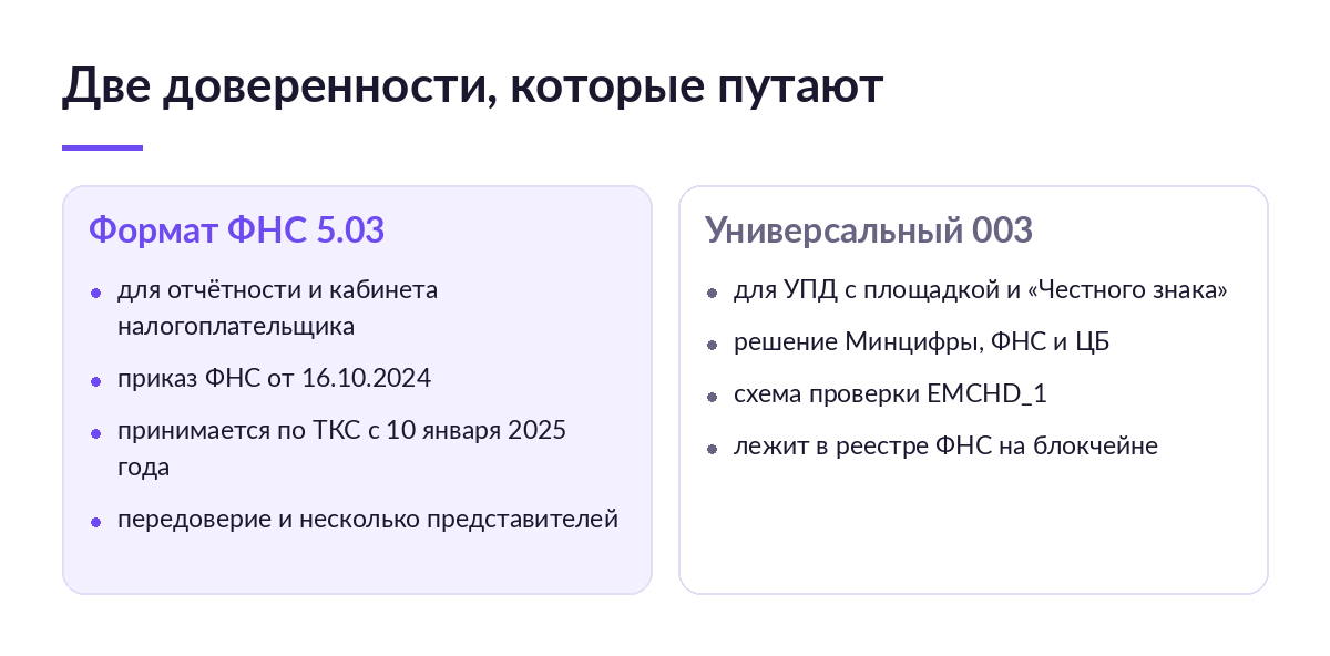 Сравнение двух доверенностей: формат ФНС 5.03 для отчётности и универсальный формат 003 для УПД с площадкой и «Честного знака»