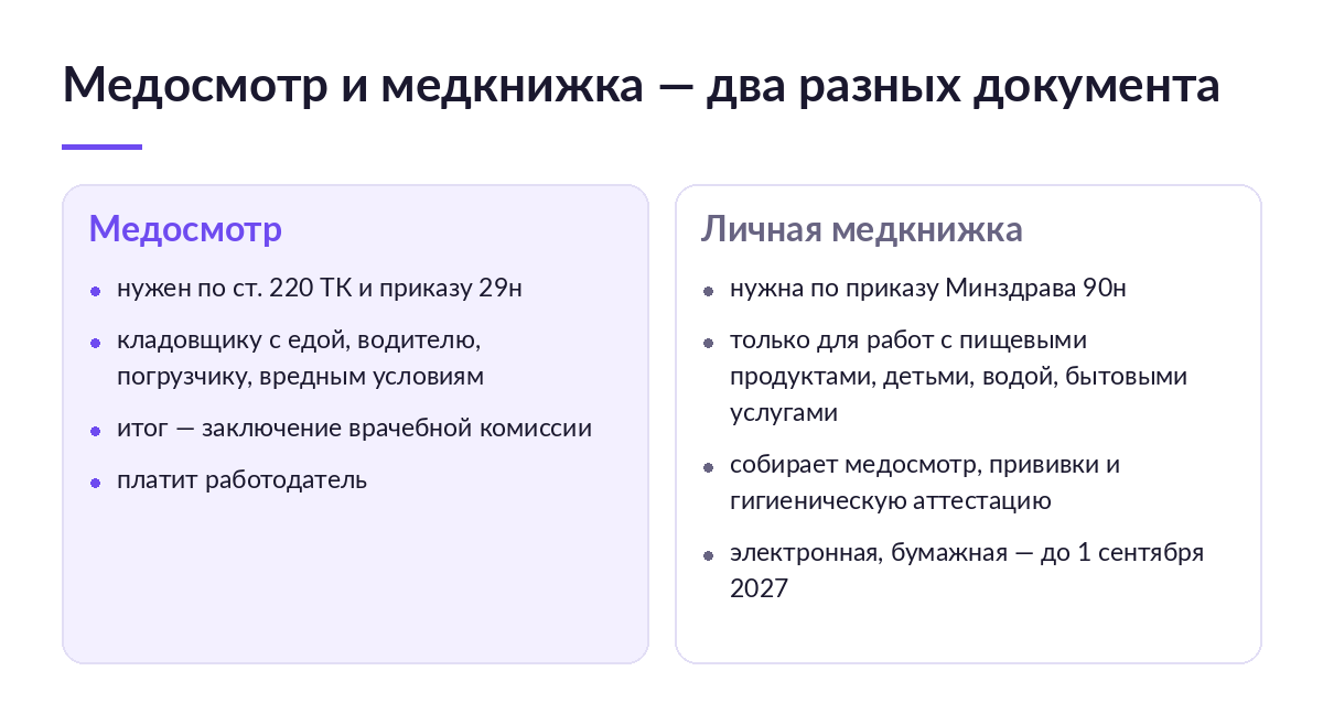 Схема в две колонки: чем медосмотр по статье 220 ТК и приказу 29н отличается от личной медкнижки по приказу Минздрава 90н