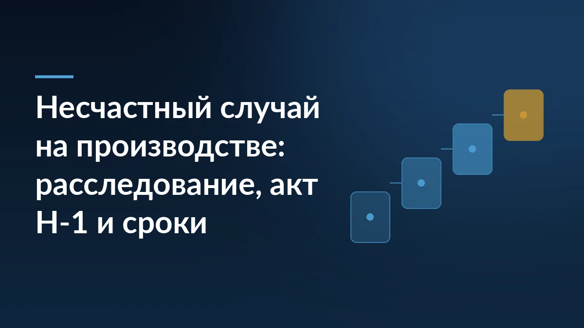 Тёмно-синяя обложка статьи с заголовком о расследовании несчастного случая на производстве, акте Н-1 и сроках
