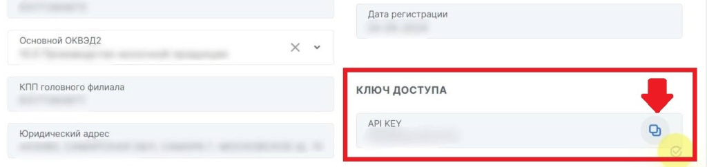 Поле API Key на вкладке Данные участника Национального каталога