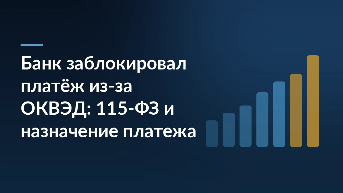 Тёмно-синий баннер с заголовком про блокировку платежа из-за ОКВЭД и растущей столбчатой диаграммой справа