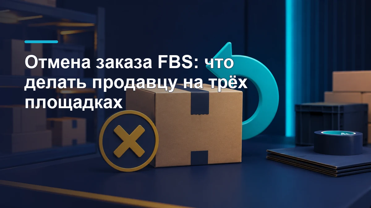 Посылка на упаковочном столе, знак отмены заказа и стрелка возврата товара на склад
