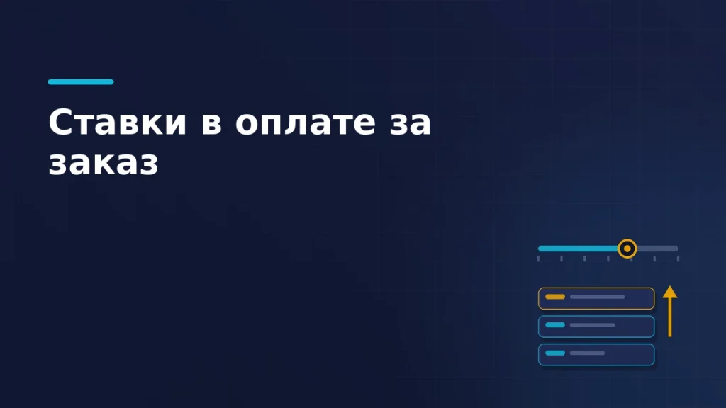 Тёмно-синяя обложка: ползунок ставки с янтарным бегунком и список карточек, где верхняя поднялась выше по выдаче