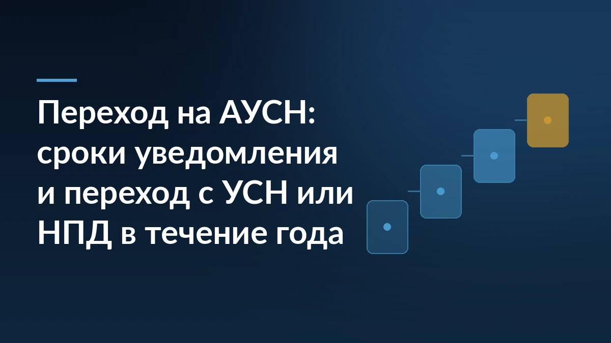 Тёмно-синяя обложка со ступенями процесса и заголовком о переходе на АУСН, сроках уведомления и переходе с УСН или НПД