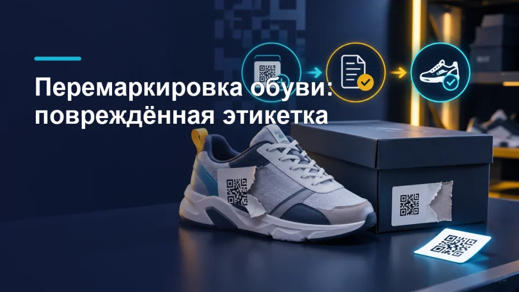Повреждённая этикетка Data Matrix на коробке с обувью и новый код для перемаркировки