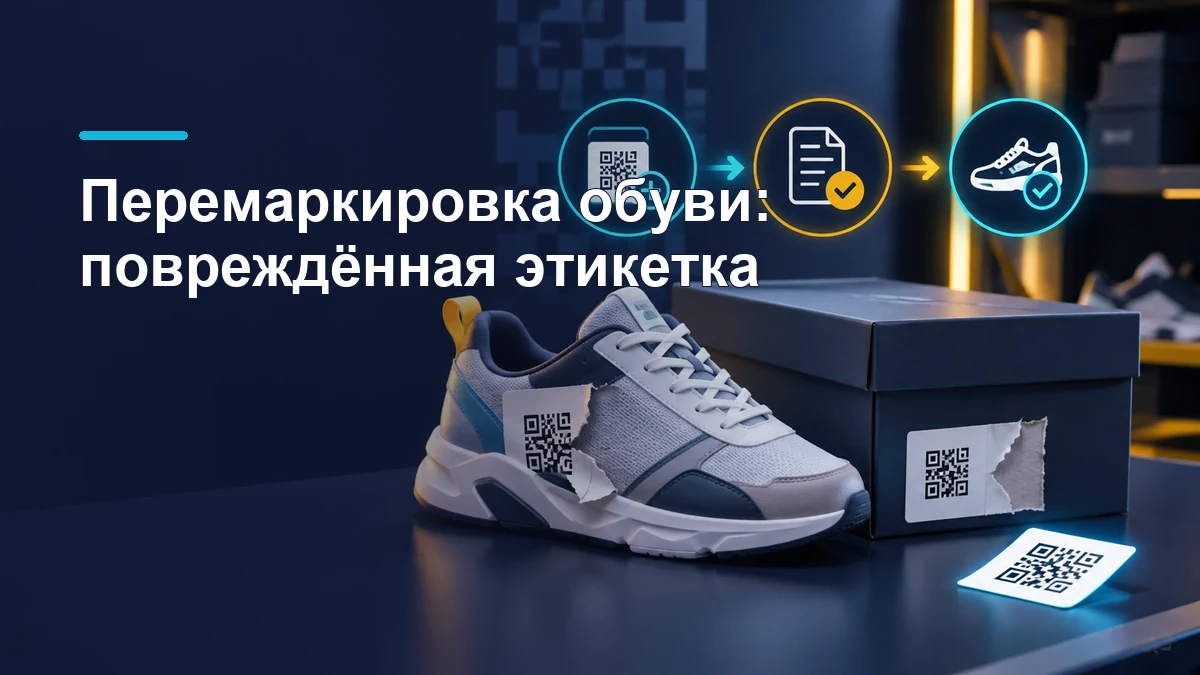 Повреждённая этикетка Data Matrix на коробке с обувью и новый код для перемаркировки