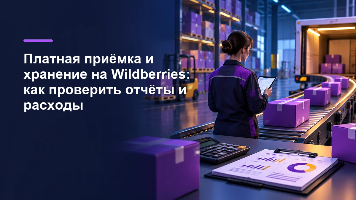 Склад Wildberries с фиолетовыми коробками, конвейером и проверкой расходов на приёмку и хранение