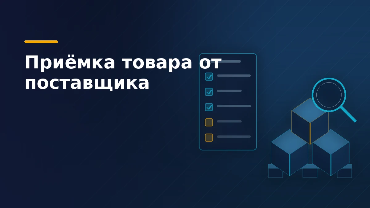 Тёмно-синяя обложка: паллета с коробками, лупа над спорной коробкой и чек-лист приёмки с галочками