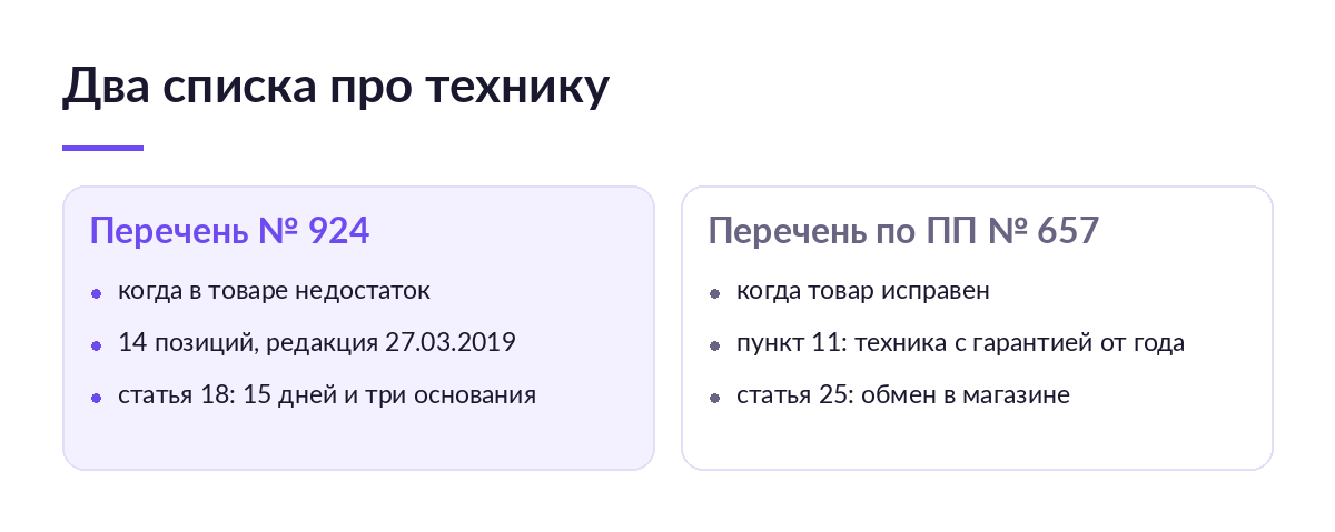 Сравнение двух списков: слева перечень технически сложных товаров по постановлению 924, справа перечень необмениваемых товаров по постановлению 657