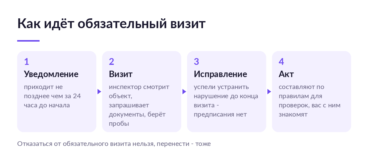 Схема хода обязательного профилактического визита: уведомление, осмотр и документы, исправление до конца визита, акт