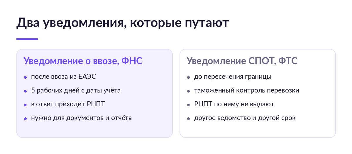 Схема различий: уведомление о ввозе в ФНС подают за 5 рабочих дней и получают РНПТ, уведомление СПОТ подают в таможню до границы