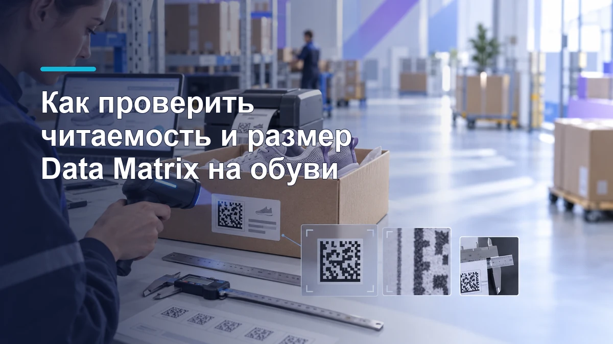Проверка размера и считывания Data Matrix на коробке с обувью