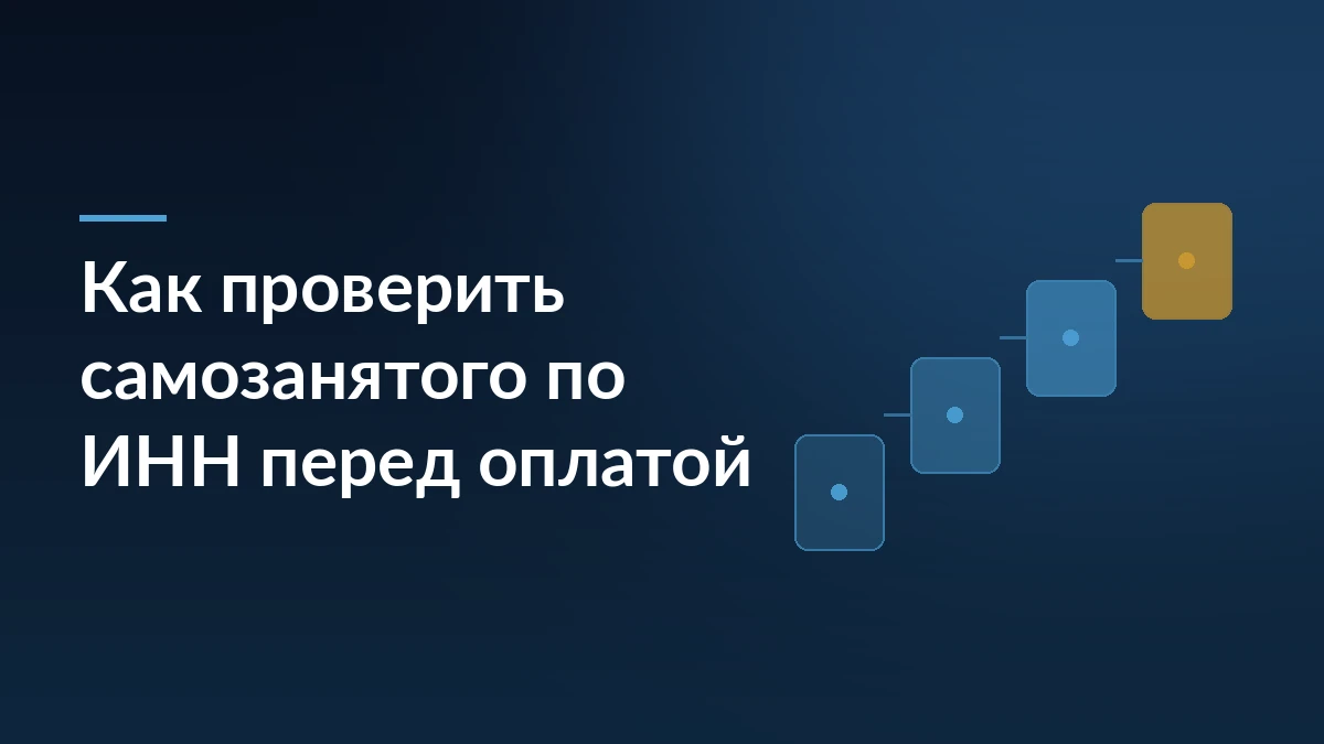 Тёмно-синяя обложка с заголовком «Как проверить самозанятого по ИНН перед оплатой» и абстрактной схемой шагов справа