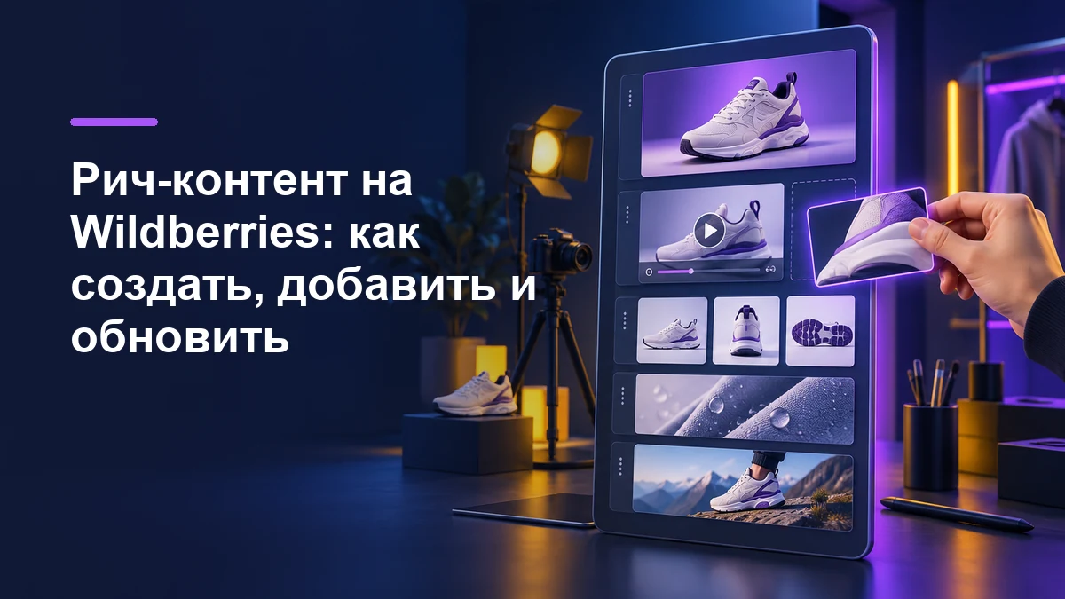 Рич-контент Wildberries: модульная витрина с фото и видео товара в тёмно-синей студии с жёлтым и фиолетовым светом