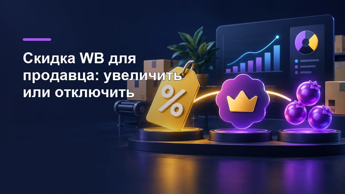Скидка WB, WB Клуб и кешбэк Ягодки: жёлтая бирка, фиолетовый клубный знак и награды на тёмно-синем фоне