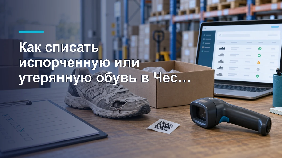 Испорченная обувь, код маркировки и сканер на складе