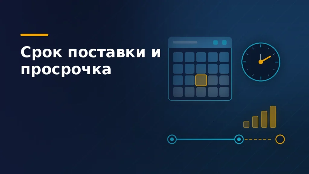 Тёмная обложка статьи о сроке поставки: календарь с отмеченной датой, циферблат и шкала с пунктиром просрочки