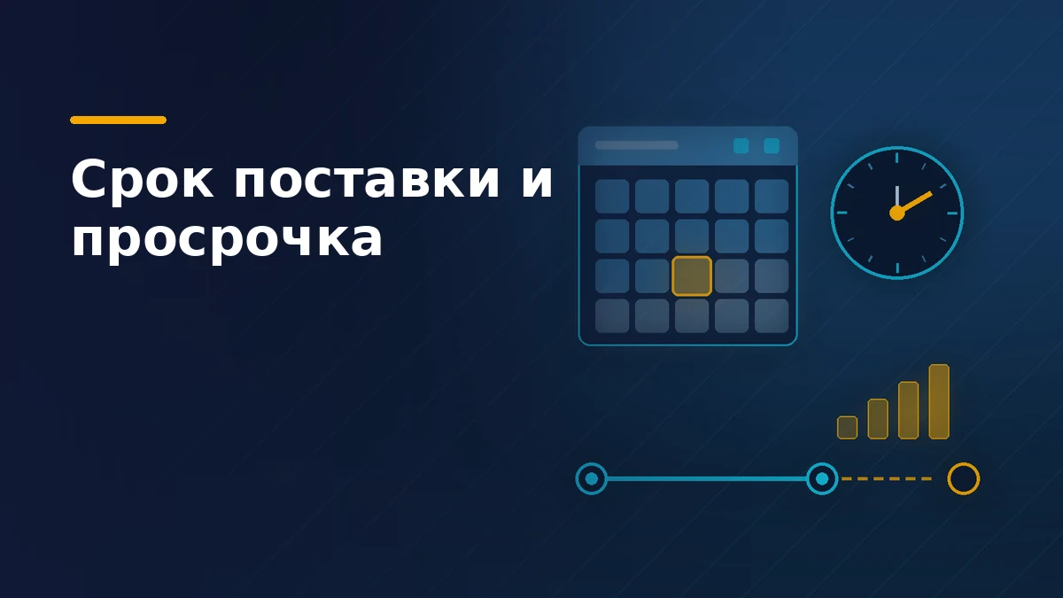 Тёмная обложка статьи о сроке поставки: календарь с отмеченной датой, циферблат и шкала с пунктиром просрочки