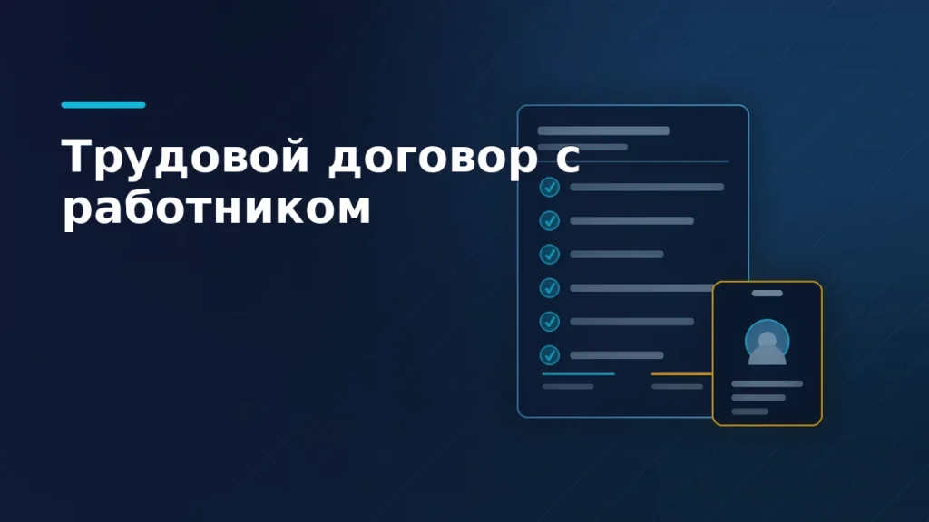 Тёмно-синяя обложка: лист трудового договора с отмеченными обязательными условиями, двумя подписями сторон и бейджем принятого работника