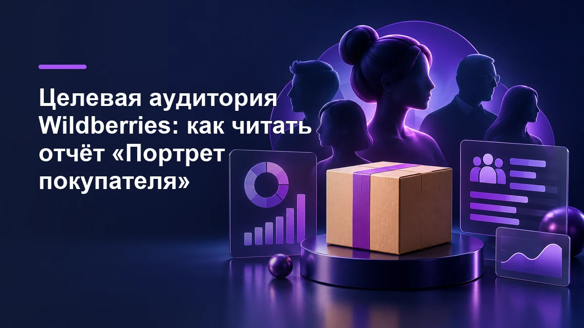 Портрет аудитории Wildberries, посылка и панели аналитики на тёмно-синем фоне с фиолетовым акцентом