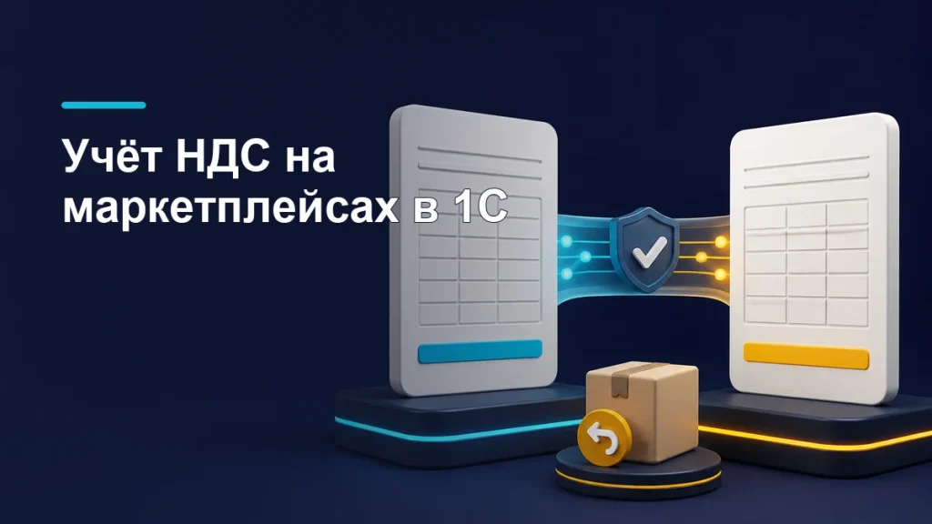 Две карточки учёта соединены потоком данных; рядом коробка со знаком возврата на тёмно-синем фоне