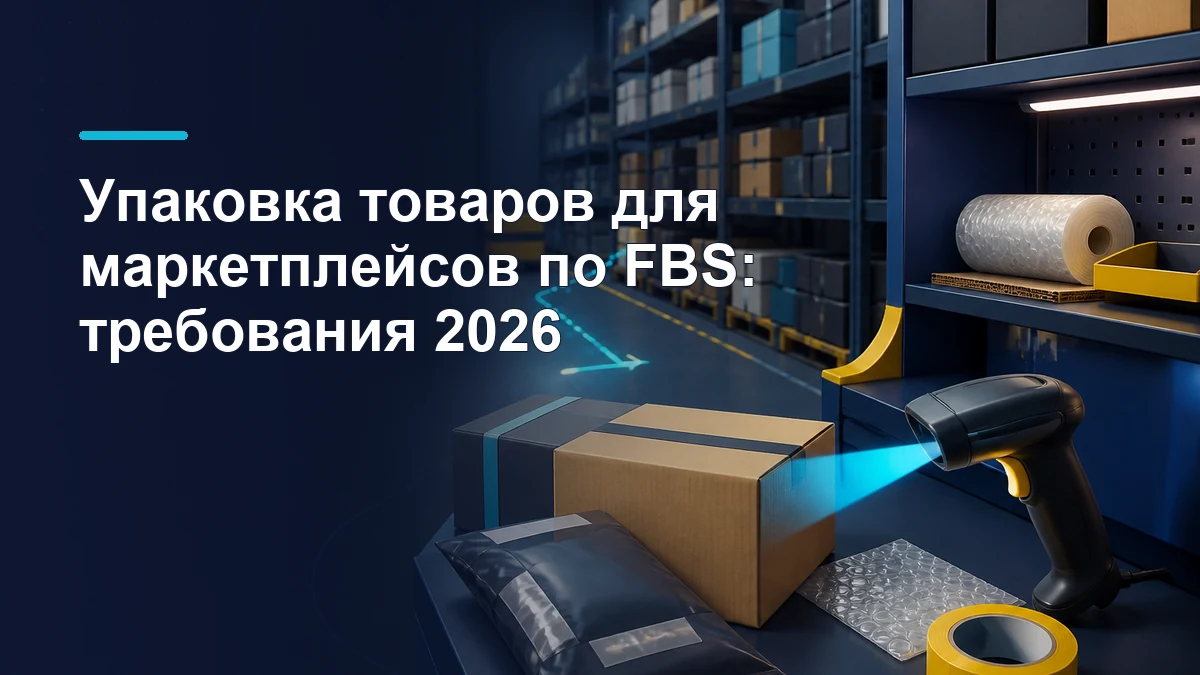 Сотрудник склада упаковывает FBS-заказ, проверяет этикетку сканером и готовит коробку к отгрузке
