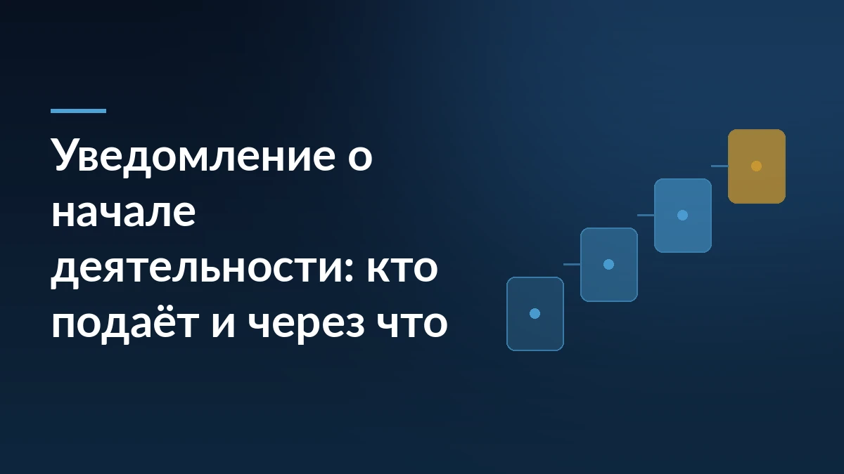 Обложка: тёмно-синий фон с заголовком «Уведомление о начале деятельности: кто подаёт и через что» и ступенями процесса справа