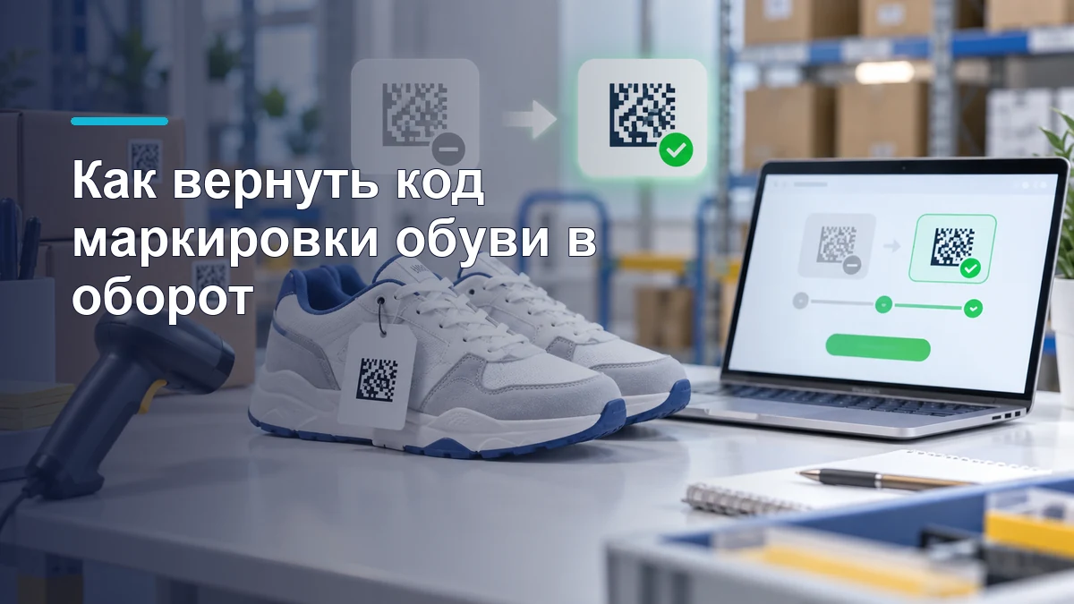 Обувь, сканер и экран со сменой статуса кода маркировки на рабочем столе склада