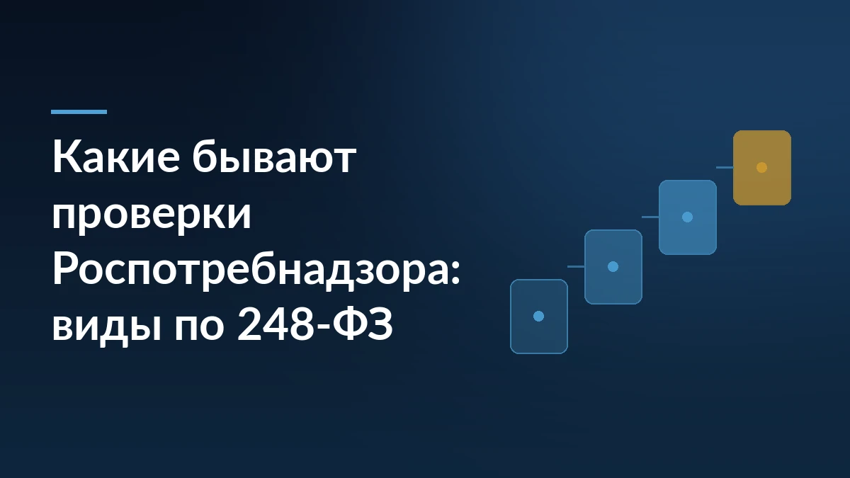 Тёмно-синяя заставка с заголовком «Какие бывают проверки Роспотребнадзора: виды по 248-ФЗ» и ступенями из четырёх карточек справа