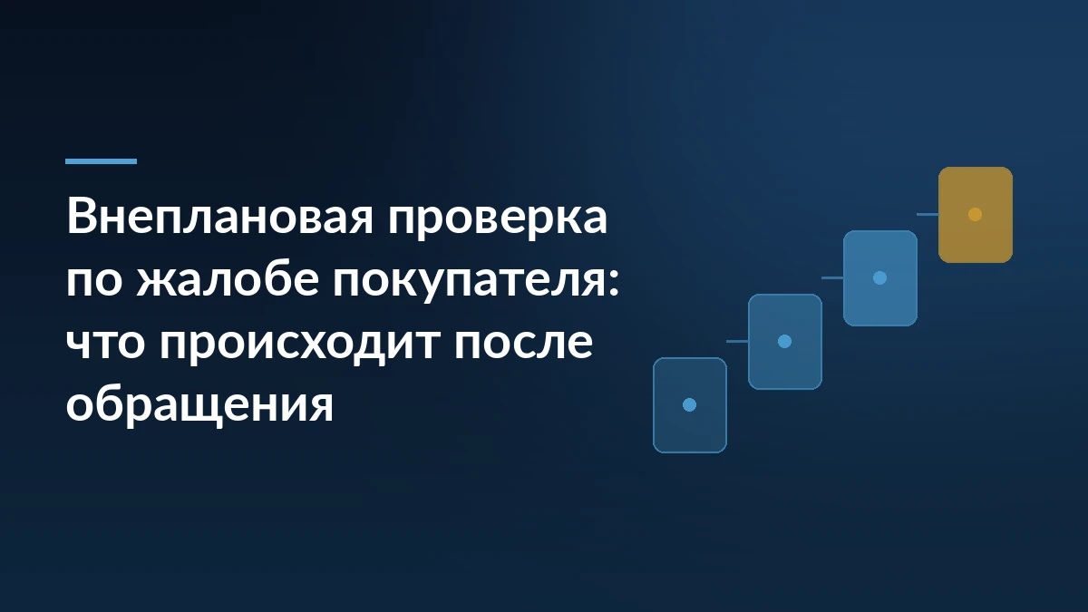 Тёмно-синяя обложка с заголовком статьи о внеплановой проверке по жалобе покупателя и лесенкой из четырёх карточек справа