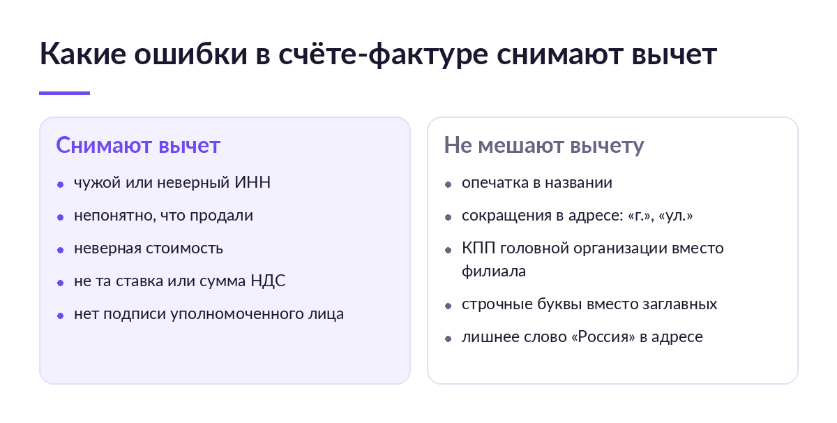 Сравнение двух колонок: ошибки в счёте-фактуре, которые снимают вычет НДС, и ошибки, которые вычету не мешают