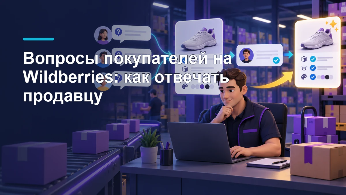 Продавец на складе проверяет вопросы покупателей и обновляет данные карточки товара