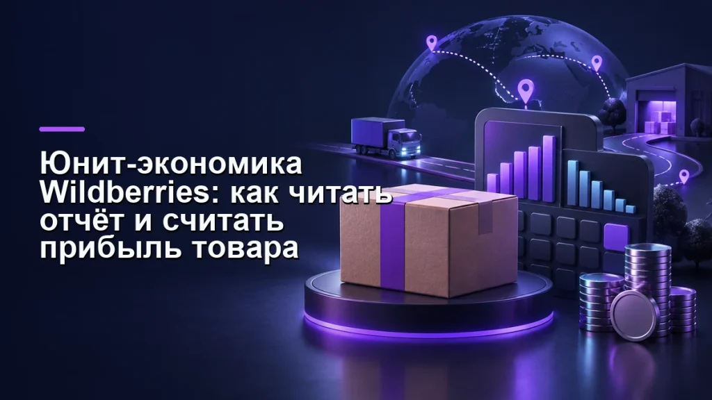 Юнит-экономика Wildberries: товар, калькулятор прибыли и панели аналитики на тёмно-синем фоне с фиолетовым акцентом