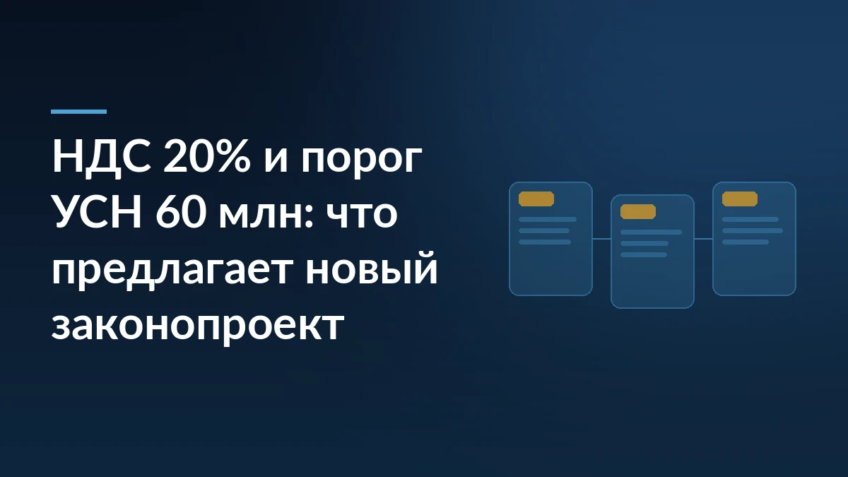 Тёмно-синяя обложка: слева белый заголовок про законопроект о снижении НДС и пороге УСН, справа схема из карточек со ставками