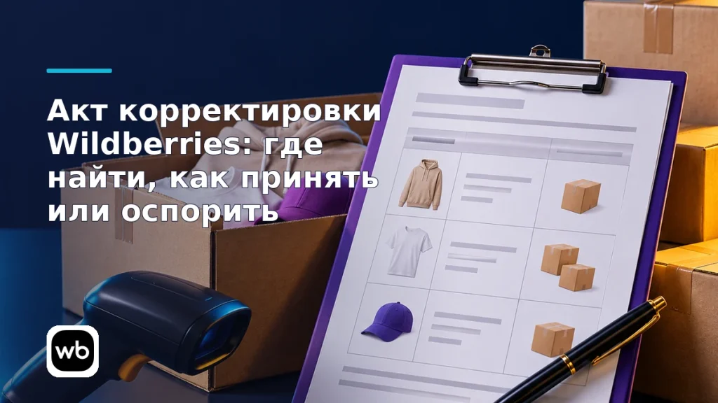 Обложка к инструкции «Акт корректировки Wildberries: где найти, как принять или оспорить»: официальный логотип Wildberries и предметная сцена по теме.