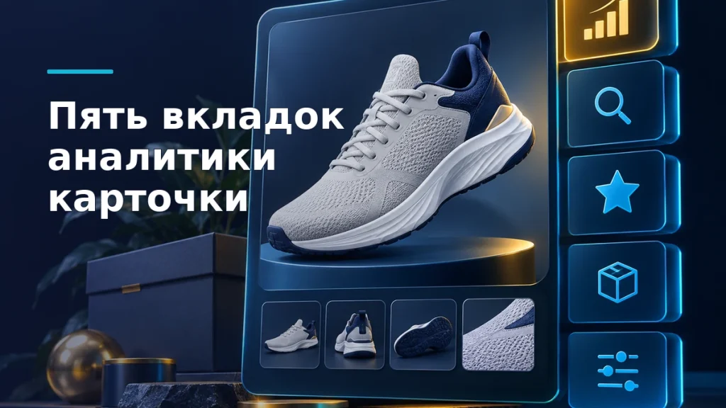 Объёмная карточка кроссовка и пять вкладок аналитики: продажи, поиск, рейтинги, остатки и тарифные опции