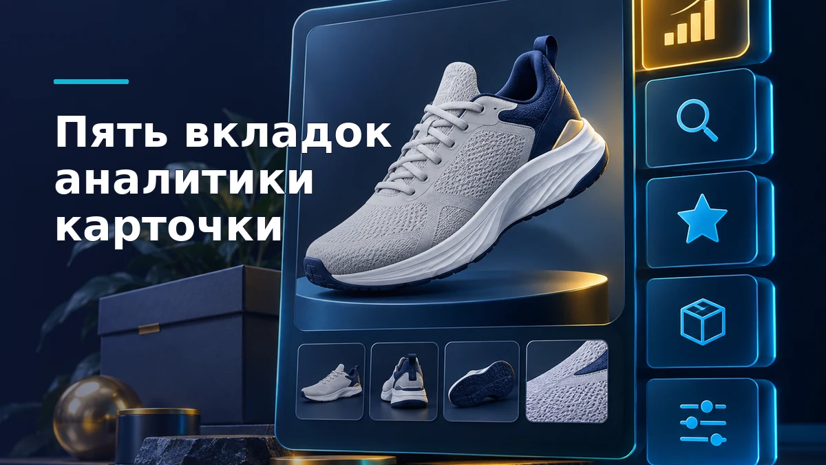 Объёмная карточка кроссовка и пять вкладок аналитики: продажи, поиск, рейтинги, остатки и тарифные опции