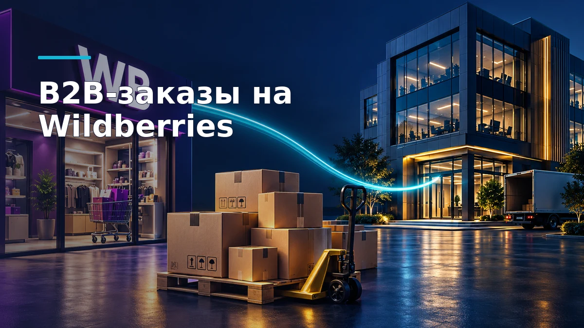 Объёмная иллюстрация B2B-заказа: коробки с товарами между витриной Wildberries и офисным зданием на тёмно-синем фоне с бирюзовыми и золотыми акцентами.