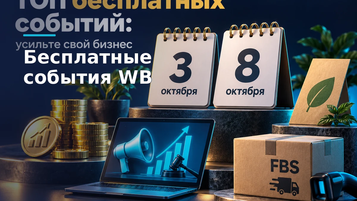 Объёмный календарь с датами 3 и 8 октября, рядом — монеты, экран с рекламным аукционом, упаковка с листом и коробка FBS на тёмно-синем фоне.