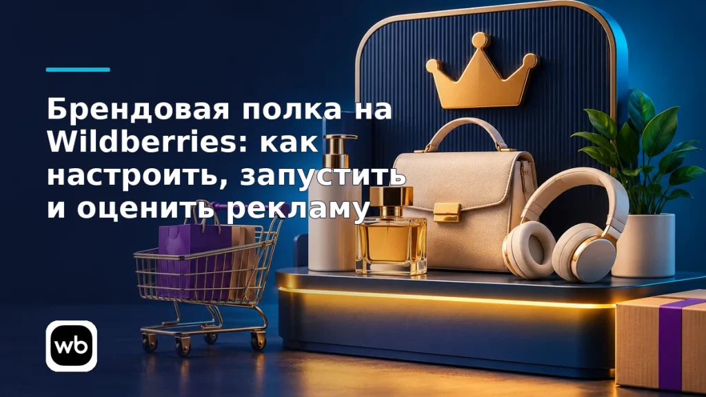 Обложка к инструкции «Брендовая полка на Wildberries: как настроить, запустить и оценить рекламу»: официальный логотип Wildberries и предметная сцена по теме.