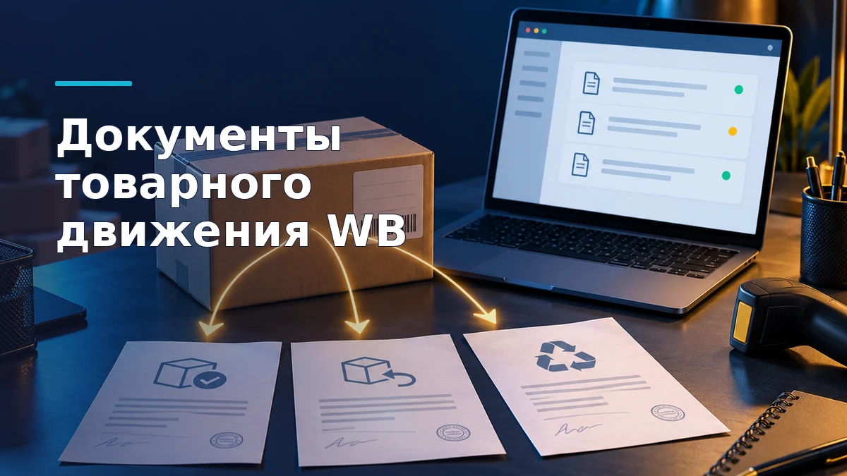 Коробка с товаром рядом с ноутбуком и документами «Акт приёмки», «Акт возврата» и «Отчёт об утилизации»