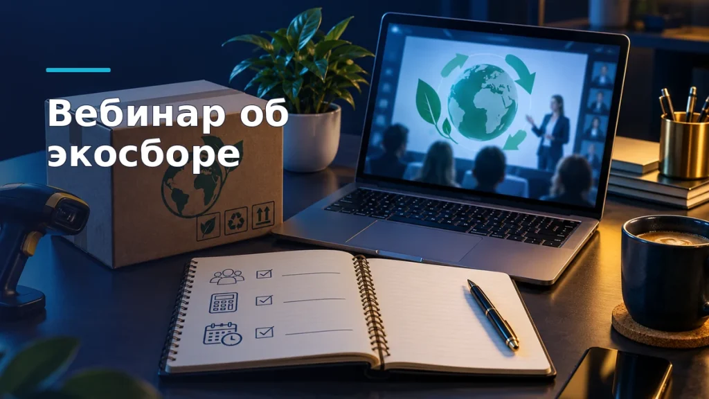 Продавец за ноутбуком с экраном вебинара об экосборе; рядом лежат товарная коробка и блокнот с вопросами для обучения.