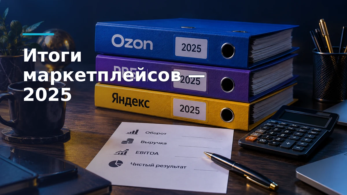 Папки с финансовыми итогами Ozon, РВБ и Яндекса за 2025 год рядом с калькулятором и перечнем финансовых показателей