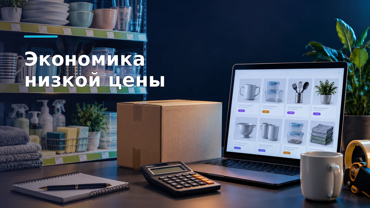 Товары для дома на полке дискаунтера рядом с экраном сравнения предложений на маркетплейсе