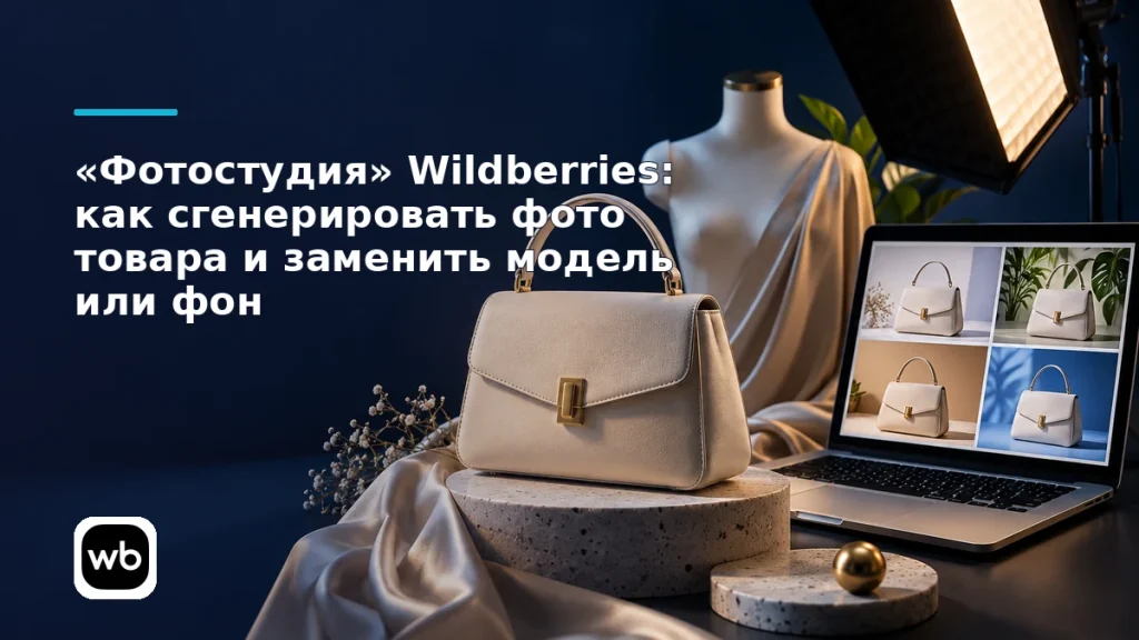 Обложка к инструкции ««Фотостудия» Wildberries: как сгенерировать фото товара и заменить модель или фон»: официальный логотип Wildberries и предметная сцена по теме.