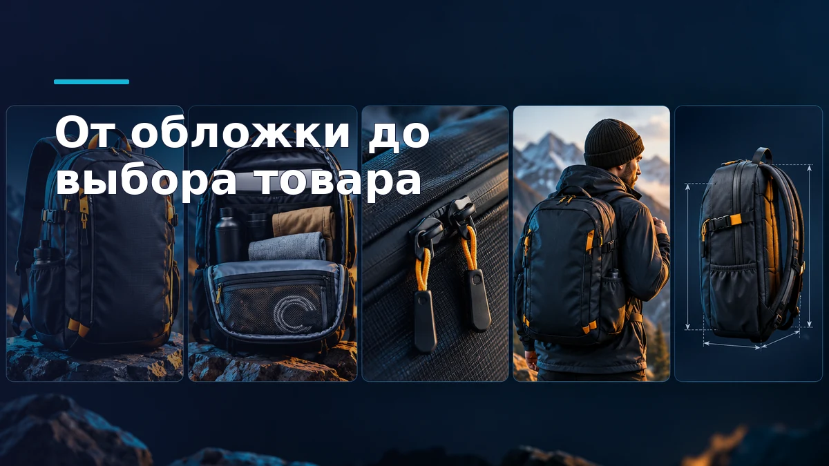 Пять изображений карточки рюкзака: общий вид, содержимое, молния крупным планом, рюкзак на человеке и схема размеров