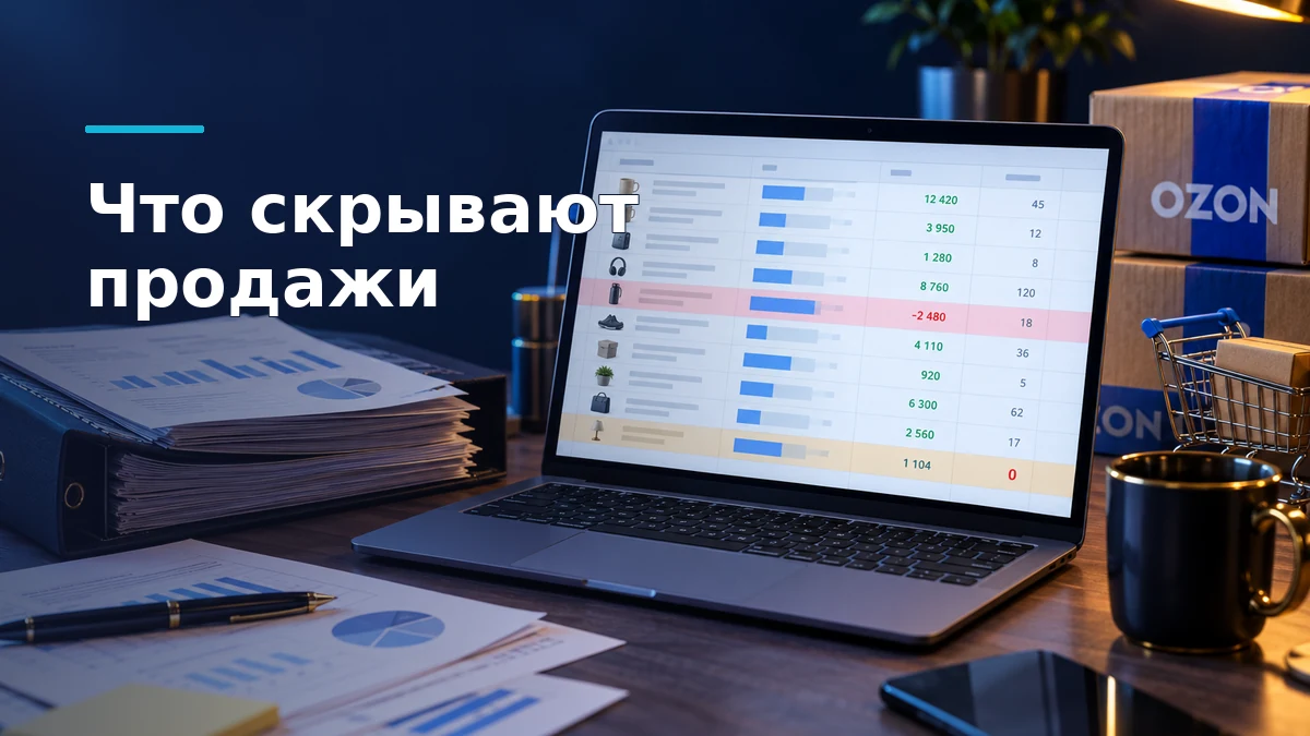 Ноутбук с таблицей анализа товаров Ozon, где выделены отрицательная прибыль и нулевой остаток, рядом папка с отчётами.