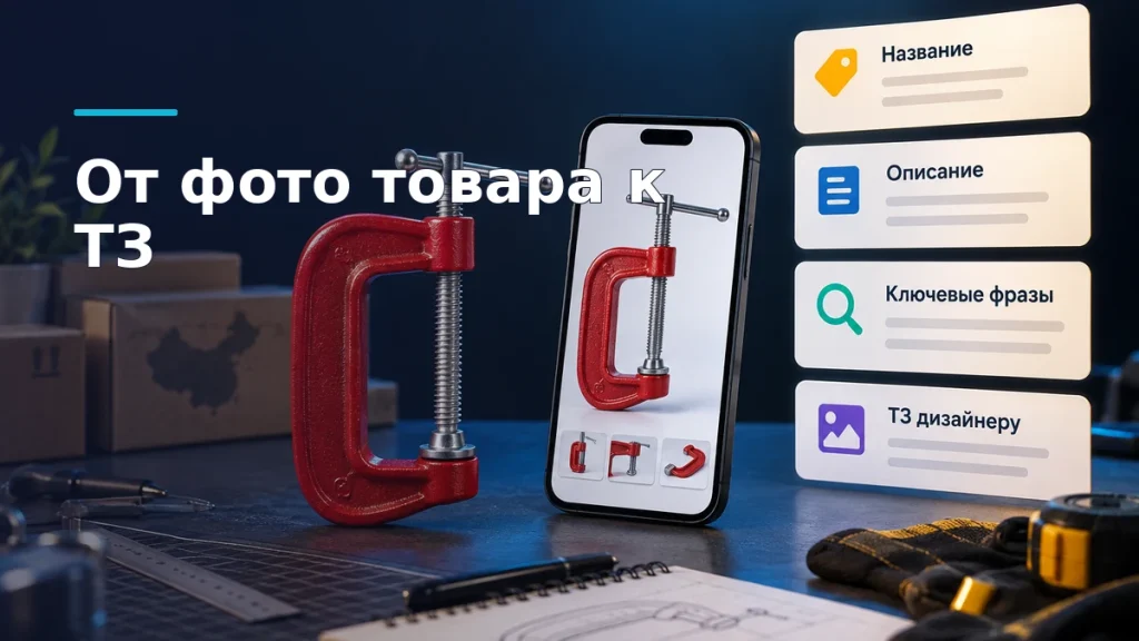 Красная С-образная струбцина, её фото на смартфоне и четыре текстовых блока для подготовки карточки товара