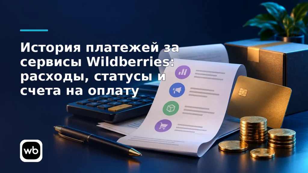 Обложка к инструкции «История платежей за сервисы Wildberries: расходы, статусы и счета на оплату»: официальный логотип Wildberries и предметная сцена по теме.